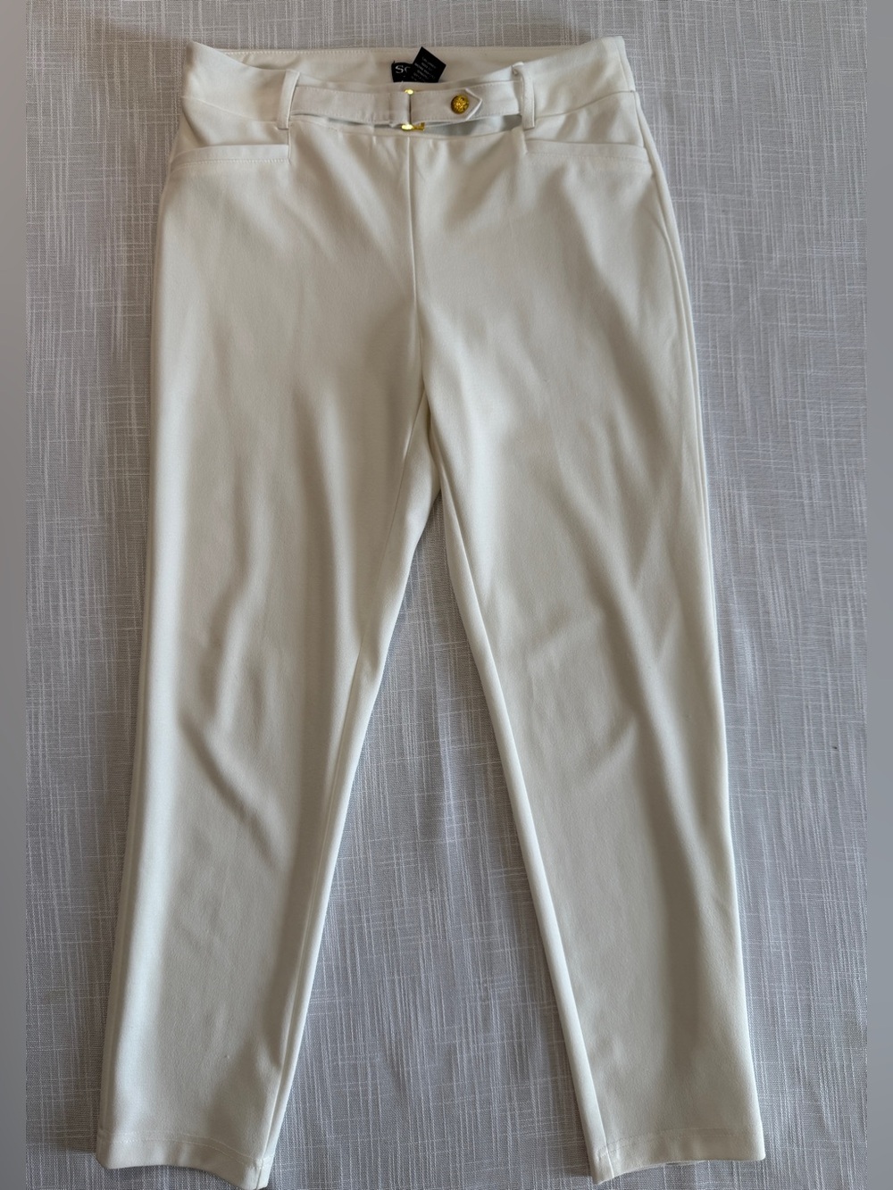 Soho Cream Slim Ponte Knit Ankle Pants with Gold Accent